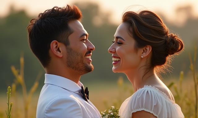 Pasangan pengantin gembira dalam sesi fotografi perkahwinan.